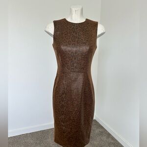 Calvin Klein Leopard Print Faux Leather Sheath Dress – Size 4 – Elegant Fit